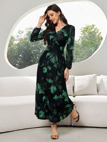 Modelyn Women's Floral Print V-Neck Elegant Long Sleeve Dress - Green - View 9