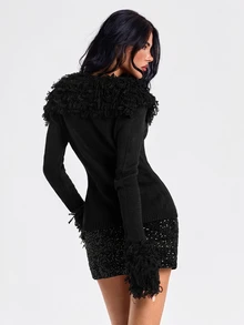 ROMWE Y2K Autumn/Winter Sexy Party Midnight Luxury Banquet Evening Wear Deep V-Neck Fur Collar Cuff Decor Women's Cardigan - Black - View 6
