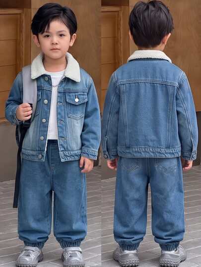 Conjunto de 2 piezas para niños, chaqueta de trabajo de mezclilla con forro de lana de cordero + pantalones de mezclilla con cintura elástica y puños, chaqueta de mezclilla de solapa de un solo pecho lavada en azul claro + pantalones de mezclilla con puños, conjunto casual de otoño/invierno con múltiples bolsillos para niños jóvenes, adecuado para uso diario en la escuela, al aire libre y uso en la calle