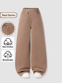 SHEIN Girls' High-Waist Oblique Button Coffee Color Wide Leg Pants, American Retro Street Style Casual Elastic Waist Versatile Loose Straight Leg Denim Jeans - Coffee Brown - View 3