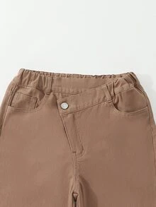 SHEIN Girls' High-Waist Oblique Button Coffee Color Wide Leg Pants, American Retro Street Style Casual Elastic Waist Versatile Loose Straight Leg Denim Jeans - Coffee Brown - View 5