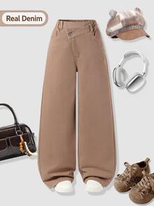 SHEIN Girls' High-Waist Oblique Button Coffee Color Wide Leg Pants, American Retro Street Style Casual Elastic Waist Versatile Loose Straight Leg Denim Jeans - Coffee Brown - View 4