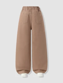 SHEIN Girls' High-Waist Oblique Button Coffee Color Wide Leg Pants, American Retro Street Style Casual Elastic Waist Versatile Loose Straight Leg Denim Jeans - Coffee Brown - View 2