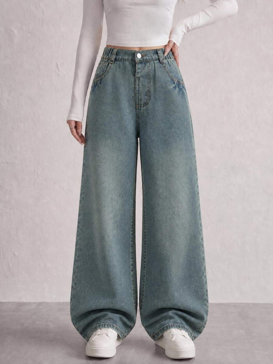 SHEIN Streecool 青少年女孩時尚復古寬鬆寬腿牛仔褲,休閒直筒牛仔褲 - 中等水洗藍 - 查看 1