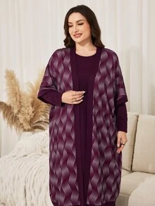 Lacomfia Women's Long Sleeve Round Neck Floral Cardigan Casual Simple Versatile Daily Autumn/Winter Burgundy Plus Size 2 Pieces Set - Burgundy - View 6
