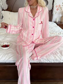 CottageSlumber Pink Striped Floral Long Sleeve Pajamas, Fashionable Lapel Cardigan Loungewear, Women's Pajama Set With Bow Decor - Multicolor - View 5