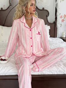 CottageSlumber Pink Striped Floral Long Sleeve Pajamas, Fashionable Lapel Cardigan Loungewear, Women's Pajama Set With Bow Decor - Multicolor - View 1