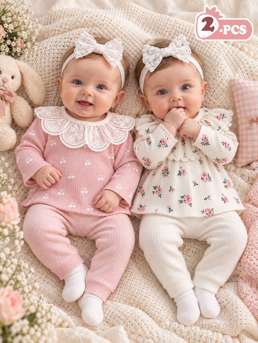 SHEIN 2pcs Baby Girls Top + Pants Set Elegant Pink White Lace Ruffle Floral Print Ribbed Long Sleeve Round Neck Regular Birthday Party Fall Holiday Princess - Multicolor - View 1
