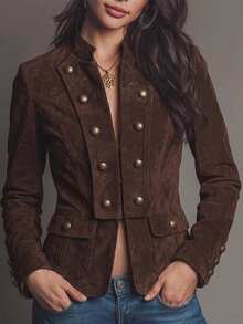 SHEIN Dark Brown Small Stand Collar Front Lapel Button Decor Jacket, Women's Fall Coat,Gothic Elegant,Napoleon,Mexican Blouse,Thanksgiving Costume Office - Coffee Brown - View 4