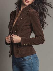 SHEIN Dark Brown Small Stand Collar Front Lapel Button Decor Jacket, Women's Fall Coat,Gothic Elegant,Napoleon,Mexican Blouse,Thanksgiving Costume Office - Coffee Brown - View 6