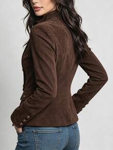 SHEIN Dark Brown Small Stand Collar Front Lapel Button Decor Jacket, Women's Fall Coat,Gothic Elegant,Napoleon,Mexican Blouse,Thanksgiving Costume Office - Coffee Brown - View 3
