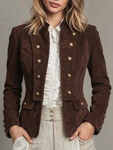 SHEIN Dark Brown Small Stand Collar Front Lapel Button Decor Jacket, Women's Fall Coat,Gothic Elegant,Napoleon,Mexican Blouse,Thanksgiving Costume Office - Coffee Brown - View 2