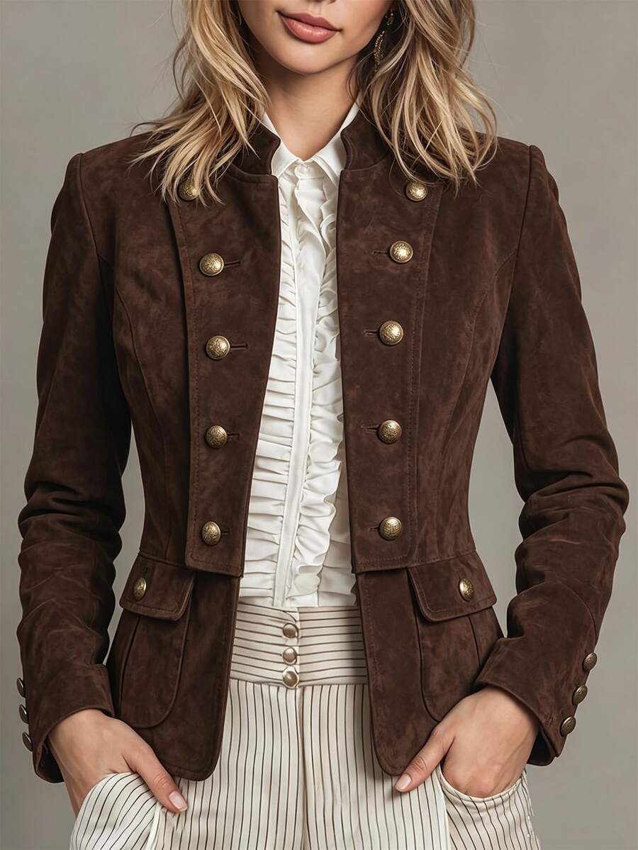 SHEIN Dark Brown Small Stand Collar Front Lapel Button Decor Jacket, Women's Fall Coat,Gothic Elegant,Napoleon,Mexican Blouse,Thanksgiving Costume Office