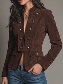 SHEIN Dark Brown Small Stand Collar Front Lapel Button Decor Jacket, Women's Fall Coat,Gothic Elegant,Napoleon,Mexican Blouse,Thanksgiving Costume Office - Coffee Brown - View 7