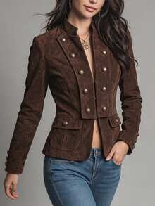 SHEIN Dark Brown Small Stand Collar Front Lapel Button Decor Jacket, Women's Fall Coat,Gothic Elegant,Napoleon,Mexican Blouse,Thanksgiving Costume Office - Coffee Brown - View 5