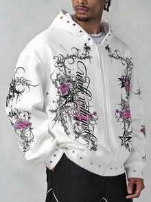 ROMWE MEN 男士字母印花長袖拉鍊休閒連帽衛衣 - 白色 - 查看 5