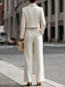 SHEIN Fashionable New Autumn/Winter Elegant Lapel Short Jacket & Straight Leg Pants Set, Minimalist Solid Color 2 Pieces Outfit, Office Formal Suit, Casual Outing Set - Apricot - View 2