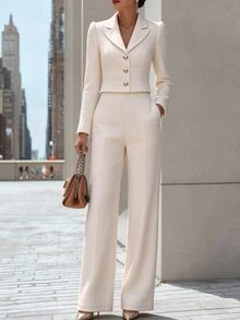 SHEIN Fashionable New Autumn/Winter Elegant Lapel Short Jacket & Straight Leg Pants Set, Minimalist Solid Color 2 Pieces Outfit, Office Formal Suit, Casual Outing Set - Apricot - View 1