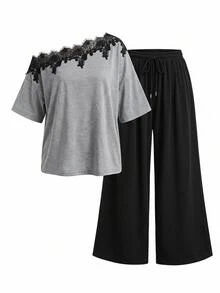 Coolane 女款大尺碼夏季優雅性感休閒外出晚裝度假蕾絲拼接灰黑色不對稱領寬腿2件組T恤 - 灰色 - 查看 8