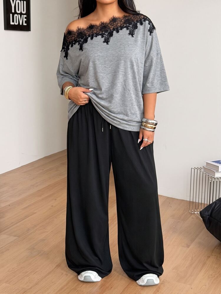 Coolane Women's Plus Size Summer Elegant Sexy Casual Going Out Evening Lounge Vacation Lace Patchwork Grey Black Asymmetrical Neck T-Shirt Wide Leg 2 Pec - Grey - View 4