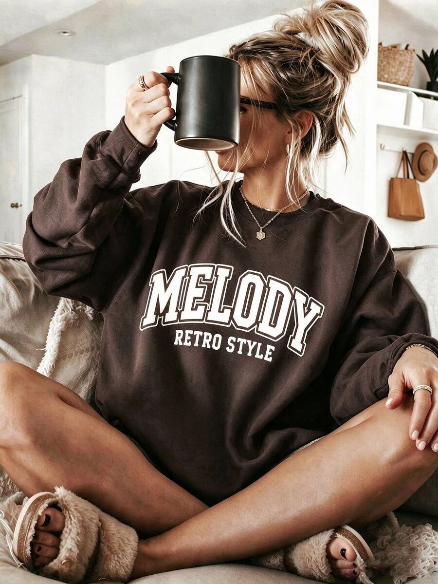 INAWLY Women's Letter Pattern Casual Daily Wear Sweatshirt - Brown - View 1