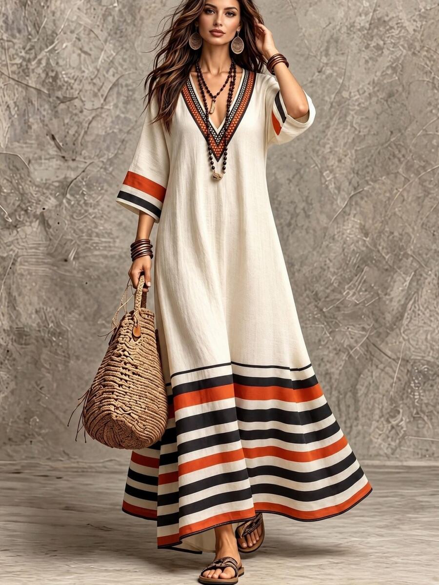 SHEIN Holidaya Women's Rainbow Autumn Casual Elegant Vacation Al-Adha V-Neck Mid-Length Sleeve Dress Digital Printing Relaxed H-Line Going Out Formal - Multicolor - View 1