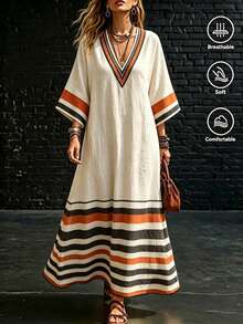 SHEIN Holidaya Women's Rainbow Autumn Casual Elegant Vacation Al-Adha V-Neck Mid-Length Sleeve Dress Digital Printing Relaxed H-Line Going Out Formal - Multicolor - View 4