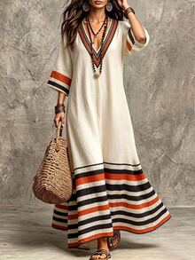SHEIN Holidaya Women's Rainbow Autumn Casual Elegant Vacation Al-Adha V-Neck Mid-Length Sleeve Dress Digital Printing Relaxed H-Line Going Out Formal - Multicolor - View 6