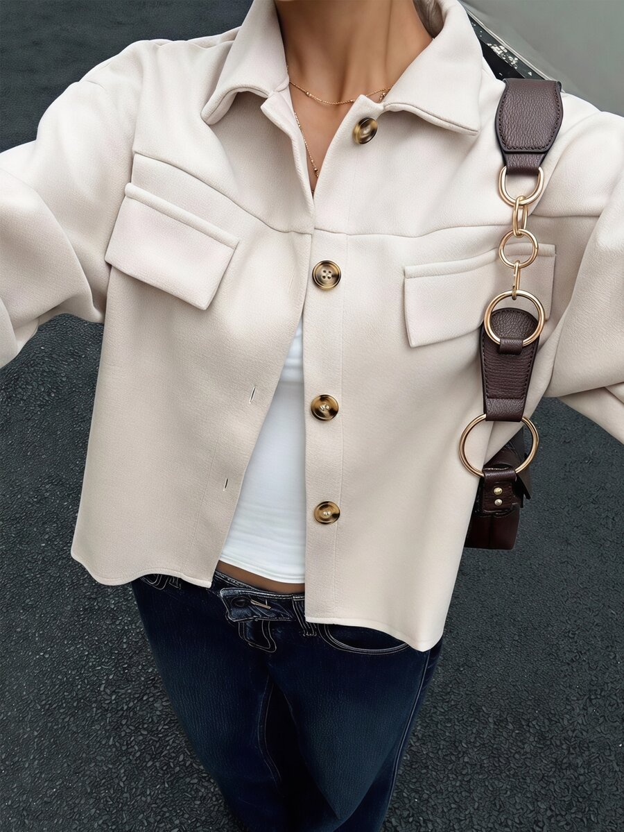 SHEIN Elladie kids Teen Girls Retro Minimalist Solid Cropped Woolen Jacket, Thick Warm Shacket Coat With Double Flap Pockets For Fall Winter Outfits Back To School - Apricot - View 1