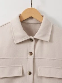 SHEIN Elladie kids Teen Girls Retro Minimalist Solid Cropped Woolen Jacket, Thick Warm Shacket Coat With Double Flap Pockets For Fall Winter Outfits Back To School - Apricot - View 3