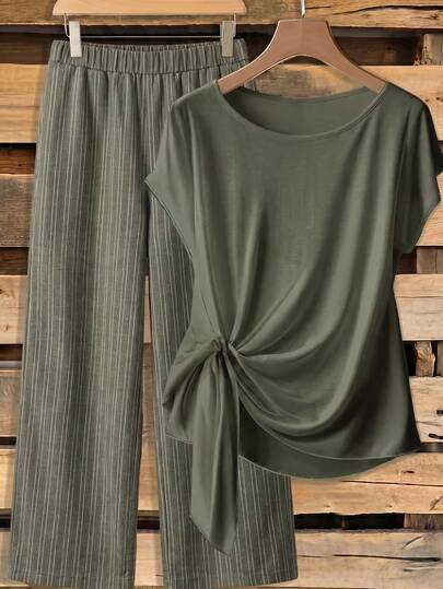 SHEIN Clasi Conjunto de 2 piezas para mujer con blusa de lazo y pantalones rectos holgados, casual minimalista vintage elegante versátil para ir al trabajo, ropa de otoño para mujer, atuendo de otoño, atuendo para ir al trabajo para mujer, top combinable, atuendo para salir, atuendo para el aeropuerto