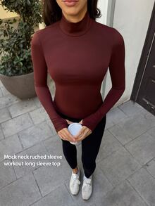 Fluxe Women's Solid Color Minimalist Long Sleeve Sports T-Shirt Yoga - Burgundy - View 6