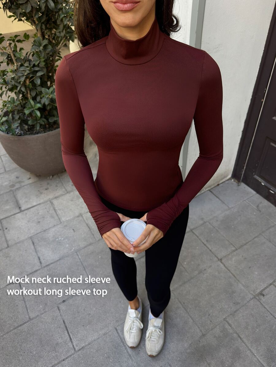 Fluxe Women's Solid Color Minimalist Long Sleeve Sports T-Shirt Yoga - Burgundy - View 1