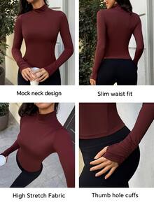 Fluxe Women's Solid Color Minimalist Long Sleeve Sports T-Shirt Yoga - Burgundy - View 4