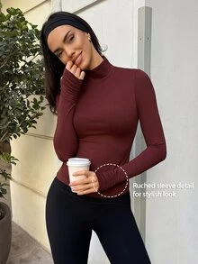Fluxe Women's Solid Color Minimalist Long Sleeve Sports T-Shirt Yoga - Burgundy - View 2