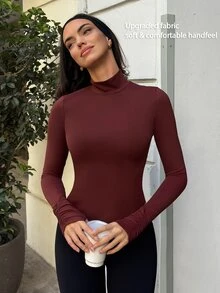 Fluxe Women's Solid Color Minimalist Long Sleeve Sports T-Shirt Yoga - Burgundy - View 7