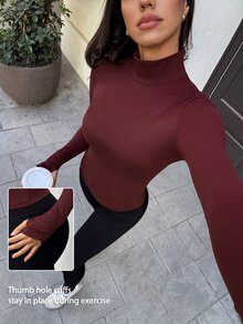 Fluxe Women's Solid Color Minimalist Long Sleeve Sports T-Shirt Yoga - Burgundy - View 1