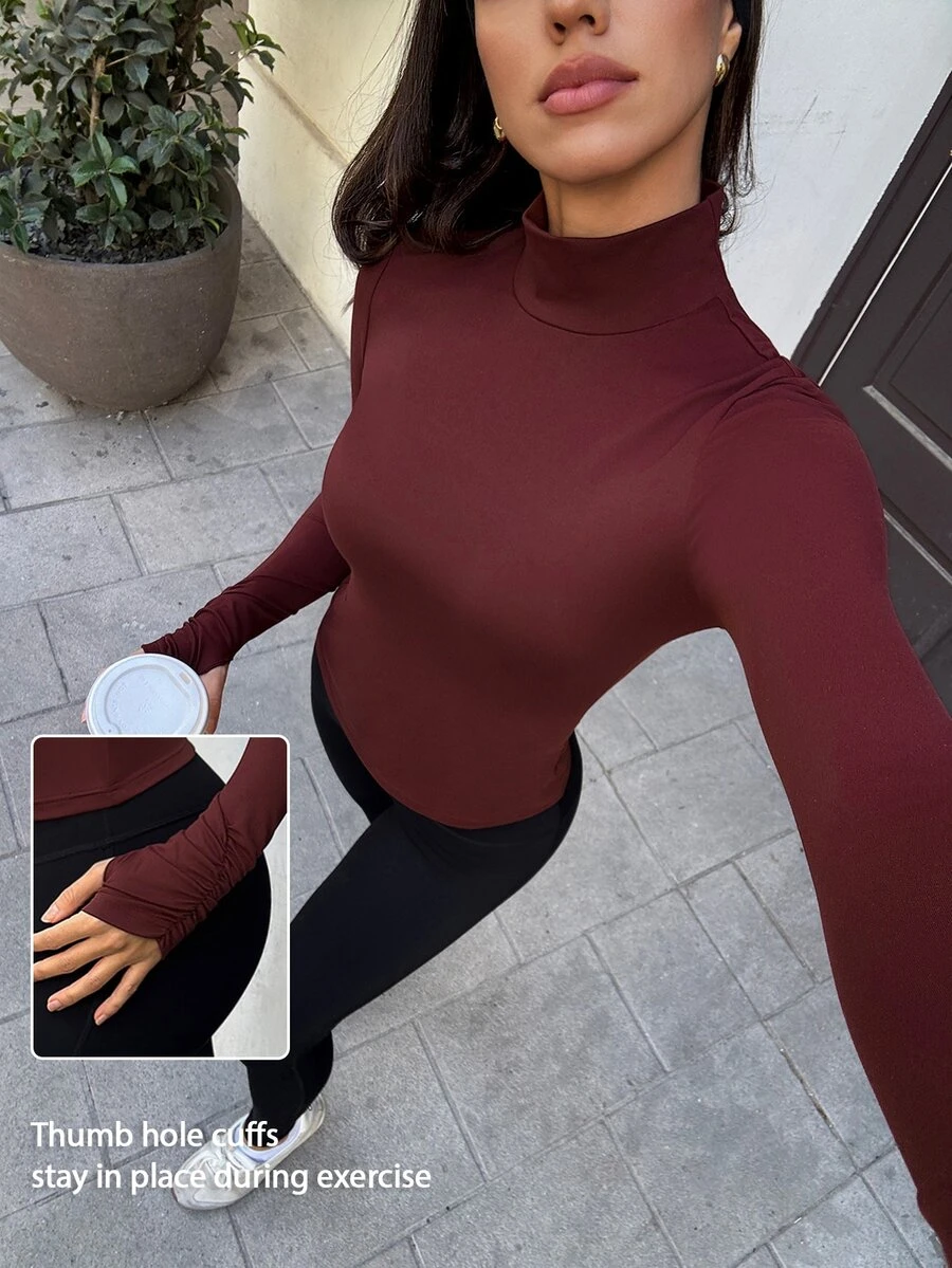 Fluxe Women's Solid Color Minimalist Long Sleeve Sports T-Shirt Yoga - Burgundy - View 1