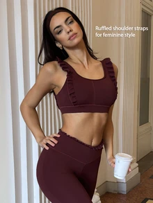 Fluxe Women's Solid Color Patchwork Ruffle Trim Casual Fitness Sports Tank Top - Burgundy - View 9