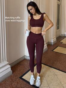 Fluxe Women's Solid Color Patchwork Ruffle Trim Casual Fitness Sports Tank Top - Burgundy - View 8