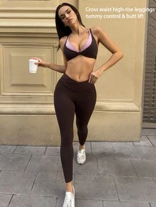 Fluxe 女款 2 合 1 對比色運動內衣 - 咖啡棕 - 查看 9