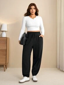 Edennvi Plus Size Women's Spring/Autumn Drawstring Elastic Waist Cuffed Sweatpants Black Loose Flattering Slimming Casual Elegant Sports Harem Long Pants Fall - Black - View 8
