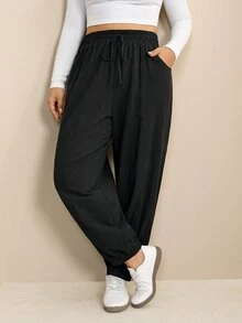 Edennvi Plus Size Women's Spring/Autumn Drawstring Elastic Waist Cuffed Sweatpants Black Loose Flattering Slimming Casual Elegant Sports Harem Long Pants Fall - Black - View 3