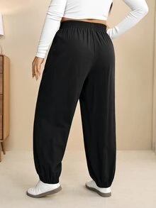 Edennvi Plus Size Women's Spring/Autumn Drawstring Elastic Waist Cuffed Sweatpants Black Loose Flattering Slimming Casual Elegant Sports Harem Long Pants Fall - Black - View 2