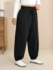 Edennvi Plus Size Women's Spring/Autumn Drawstring Elastic Waist Cuffed Sweatpants Black Loose Flattering Slimming Casual Elegant Sports Harem Long Pants Fall - Black - View 7