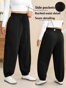 Edennvi Plus Size Women's Spring/Autumn Drawstring Elastic Waist Cuffed Sweatpants Black Loose Flattering Slimming Casual Elegant Sports Harem Long Pants Fall - Black - View 1