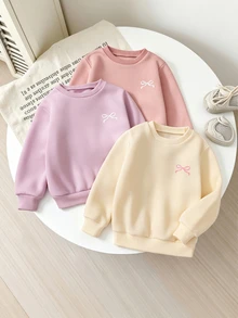 SHEIN Genkimix Kids 女童3件組針織純色圓領寬鬆休閒秋冬衛衣套裝，粉色仙女公主風，聖誕節萬聖節禮物 - 彩色 - 查看 3