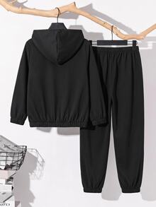 SHEIN Explorewe 2pcs Boys Minimalist High Street Printed Pattern Hooded Woven Jacket & Tapered Pants Set, Comfortable Fabric, Unique Fit, Suitable For Sports And Casual Wear, Versatile For Multiple Occasions - Black - View 3