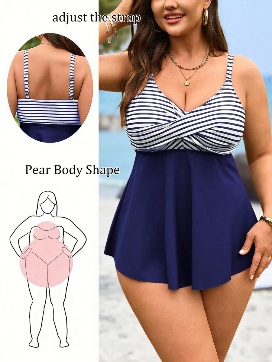 SHEIN Swim Curve 大码女式两件套条纹印花吊带露脐上衣和高腰比基尼泳裤泳装,夏季海滩度假 - 彩色 - 查看 1