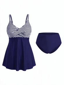 SHEIN Swim Curve 大码女式两件套条纹印花吊带露脐上衣和高腰比基尼泳裤泳装，夏季海滩度假 - 彩色 - 查看 5